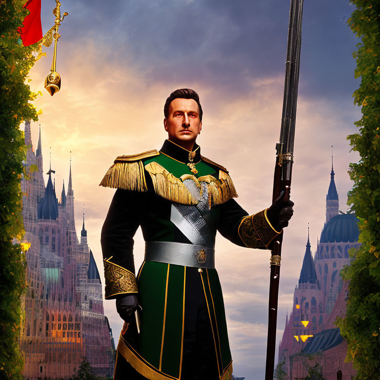 Historical military uniform with sword in front of castle backdrop