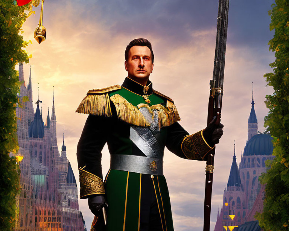 Historical military uniform with sword in front of castle backdrop