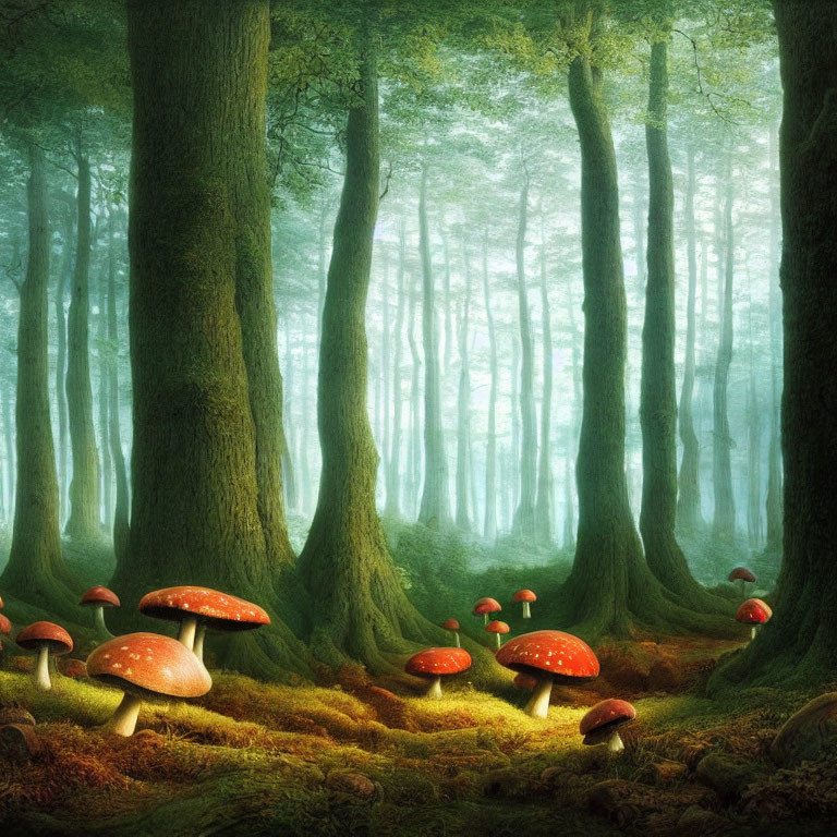 Misty forest with tall trees and red-capped mushrooms