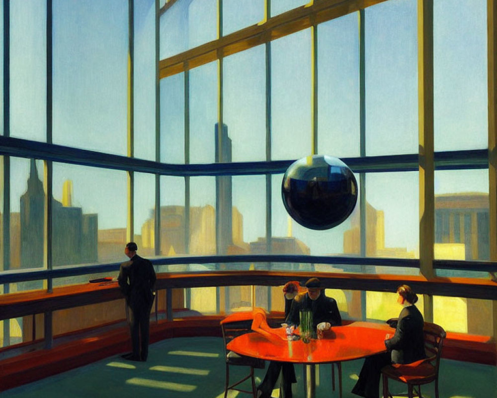 Stylized painting of people in sunlit high-rise with city view and dark sphere