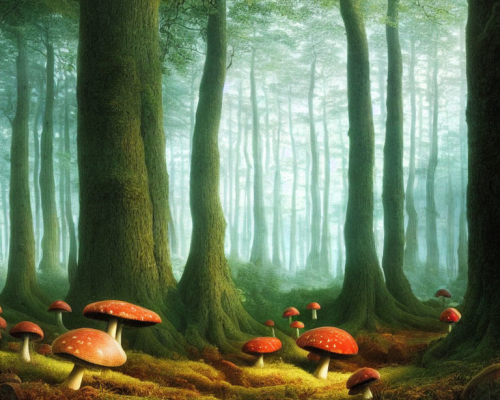 Misty forest with tall trees and red-capped mushrooms