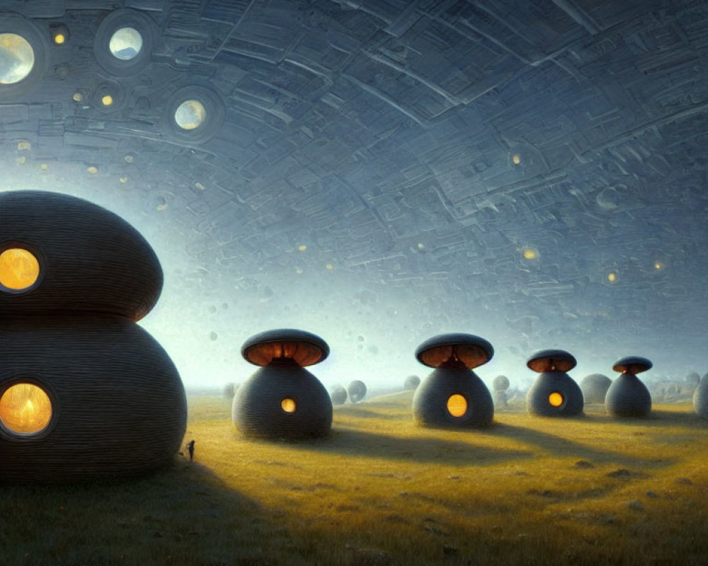 Person standing on grass gazes at glowing domes under spaceship in surreal landscape