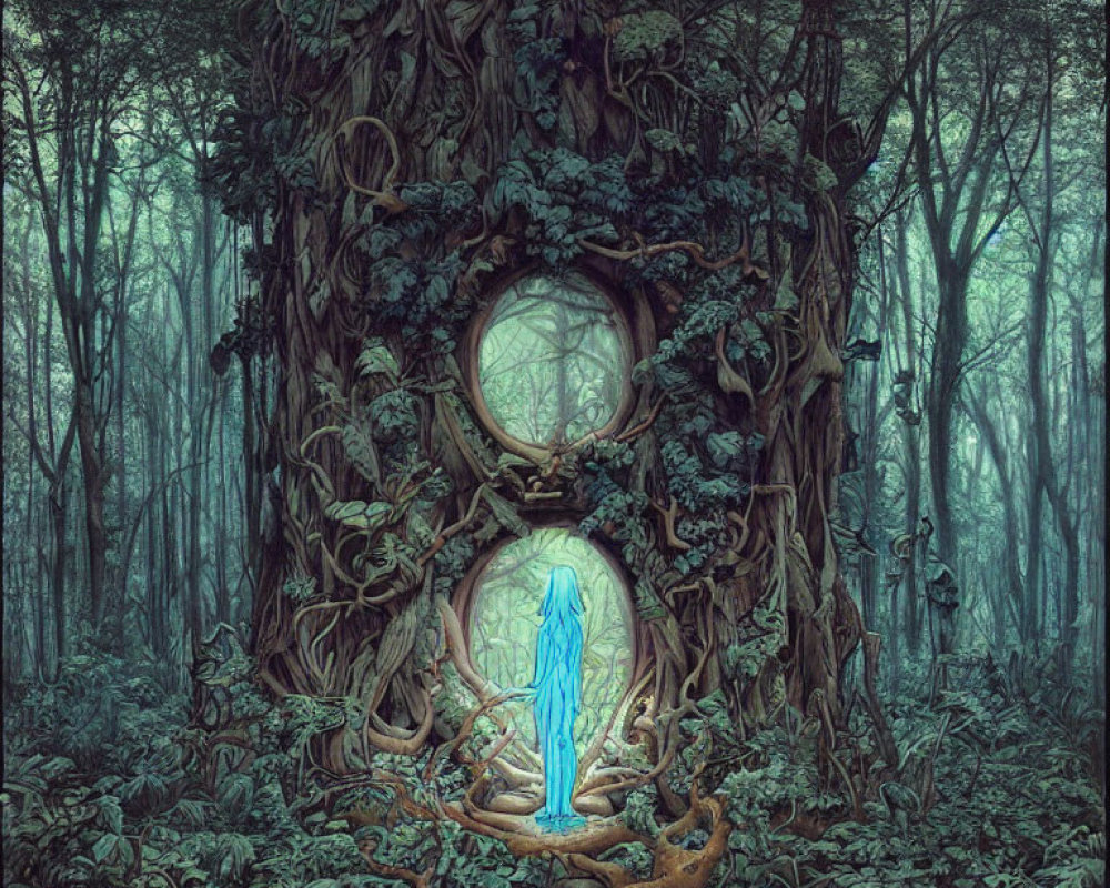 Mystical forest scene with ethereal figure in grand tree portal