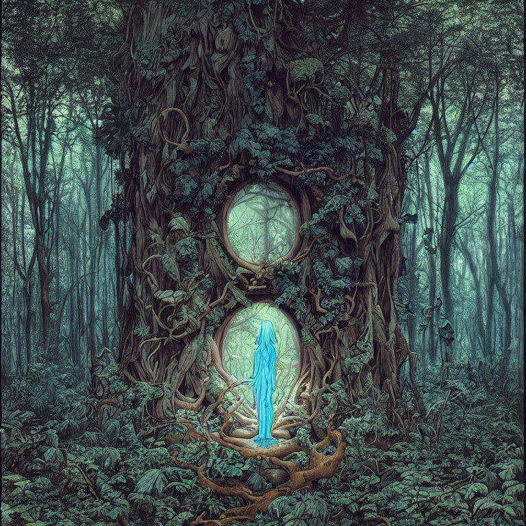 Mystical forest scene with ethereal figure in grand tree portal