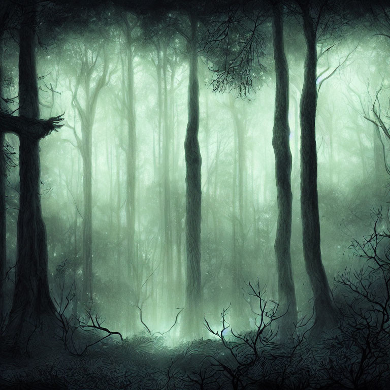 Mysterious mist-clad forest with tall dark trees and luminous glow