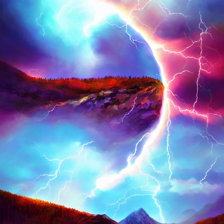 Digital Artwork: Dramatic Landscape with Bright Lightning Strikes