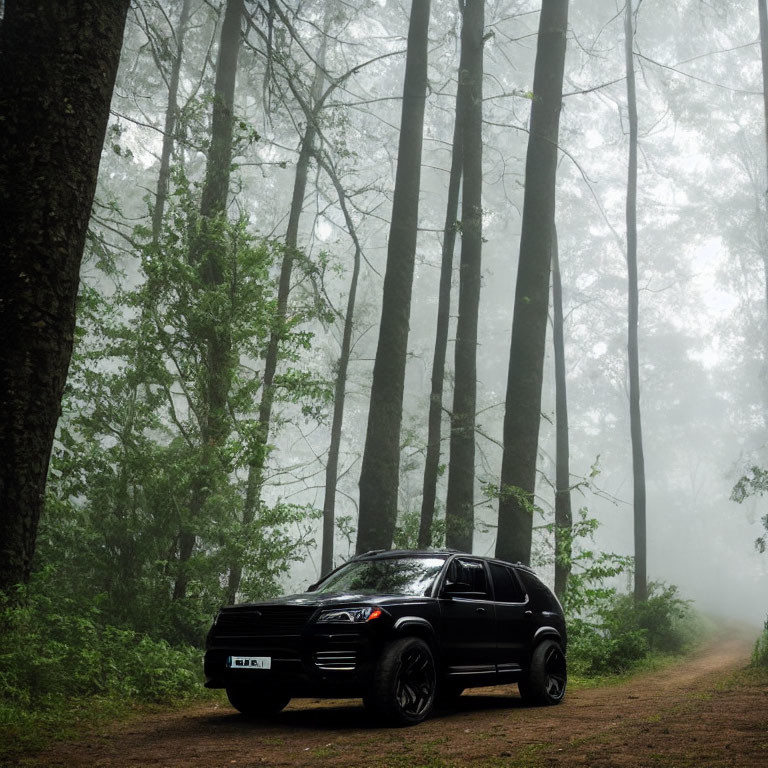 Black SUV parked on foggy forest path with tall trees - Misty atmosphere