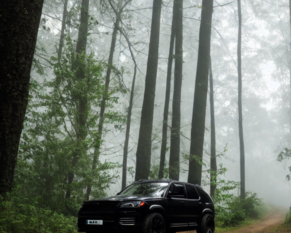 Black SUV parked on foggy forest path with tall trees - Misty atmosphere