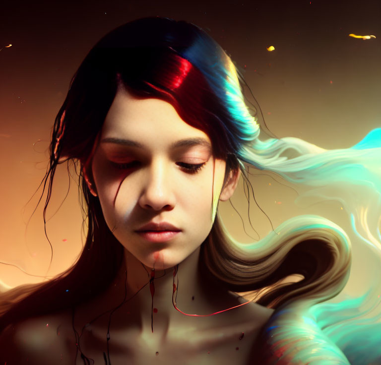 Colorful flowing hair on serene female figure in warm-hued, dreamlike setting.