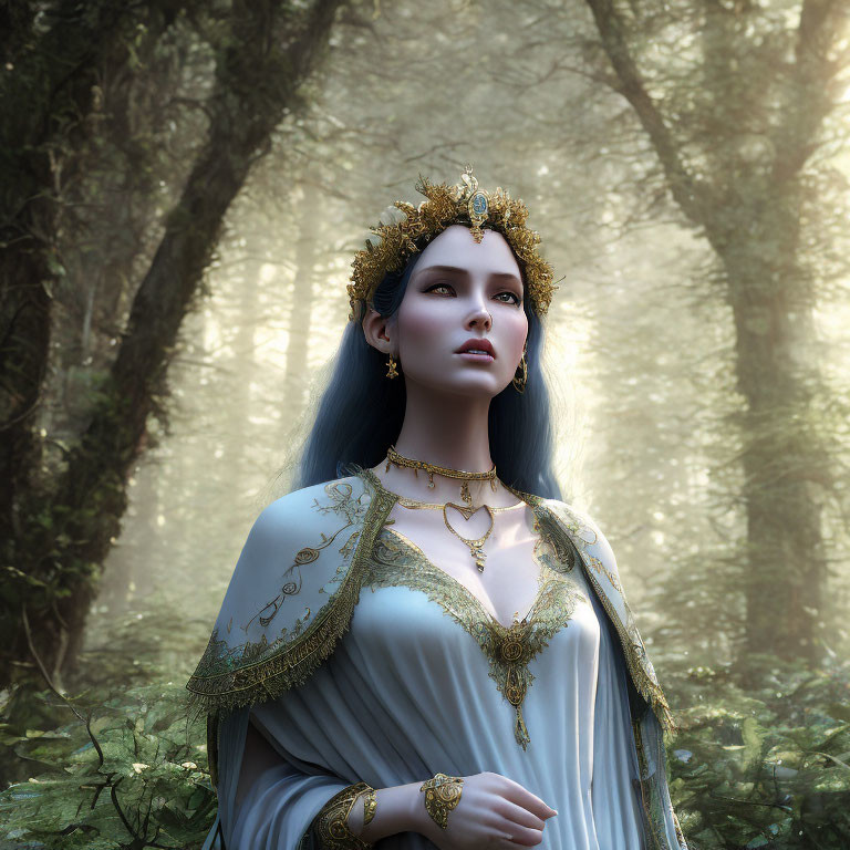 Blue-haired woman with gold crown in misty forest wearing ornate gown