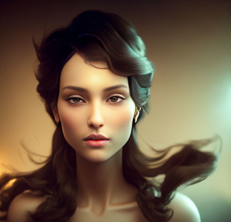 Woman portrait with flowing brunette hair and striking features in soft, warm lighting