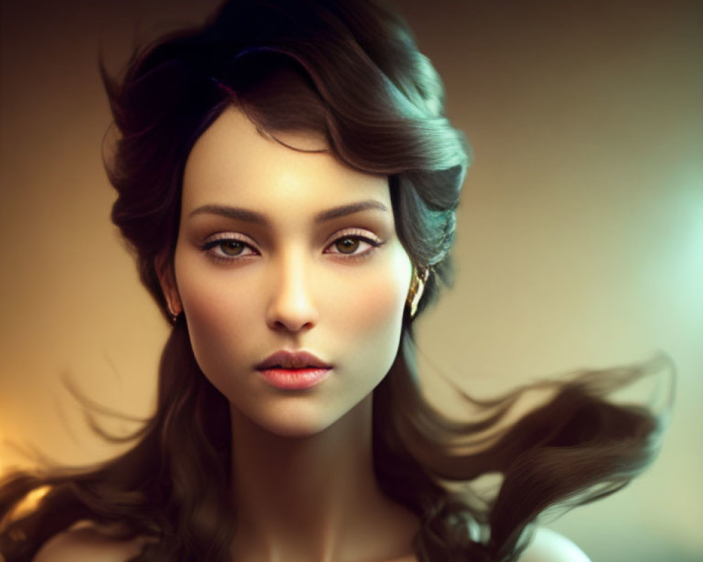 Woman portrait with flowing brunette hair and striking features in soft, warm lighting