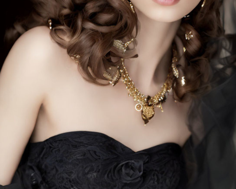 Woman with Wavy Hair in Black Dress and Golden Jewelry Holding Ornate Clutch