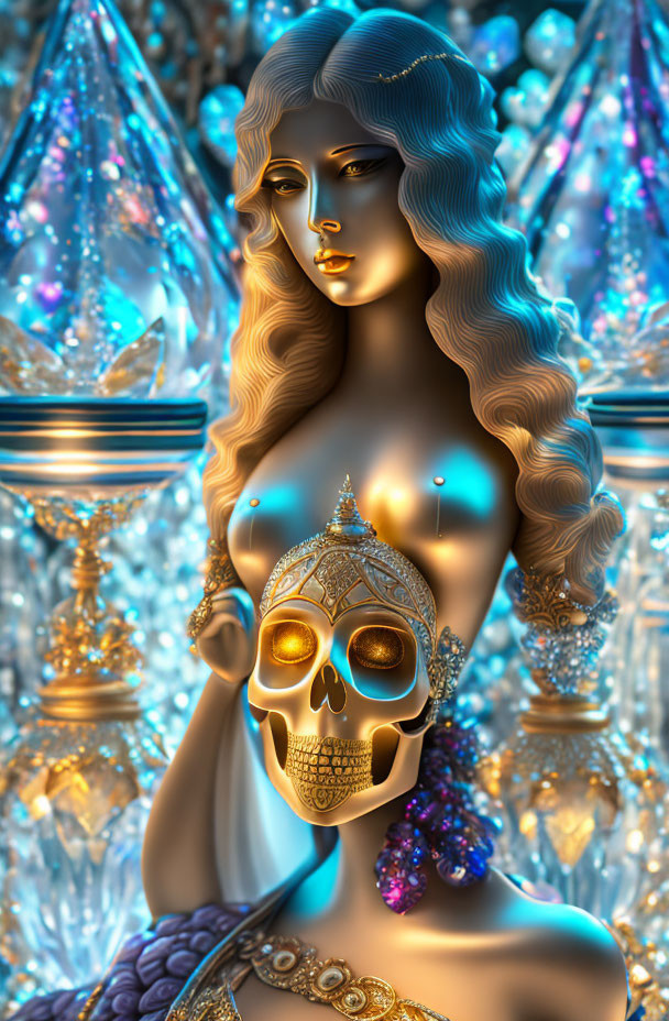 Golden humanoid figure with skull mask and ornate crystals.