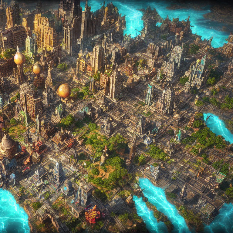 Fantastical cityscape with towering spires and floating orbs