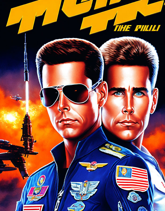 Stylized male characters in aviator sunglasses and flight suits with spacecraft launch.