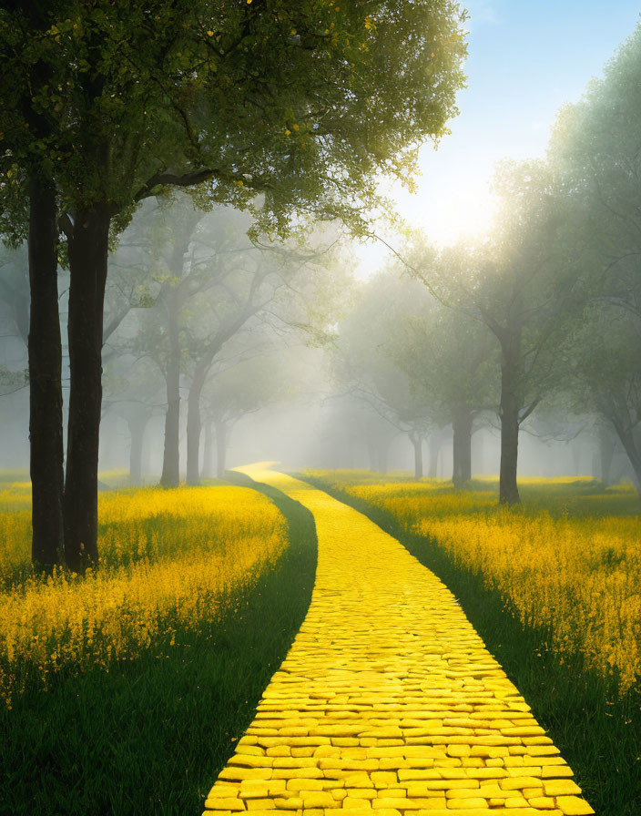 Scenic yellow brick road in misty forest with sunlight