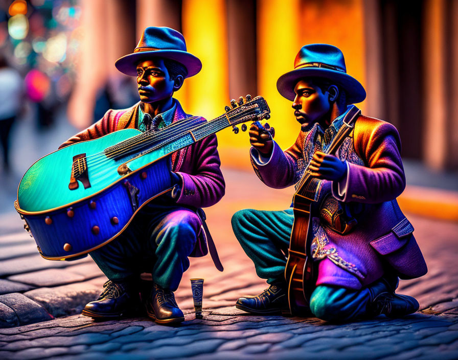 Colorful Street Performers Playing Guitars on Cobblestone Street