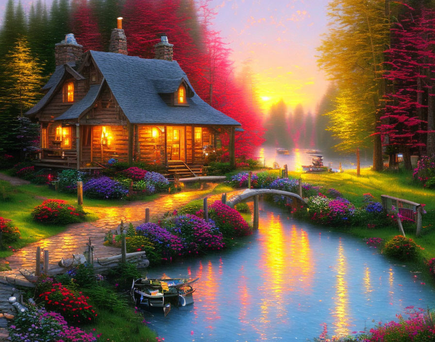 Riverside cabin at sunset with glowing windows and vibrant flowers