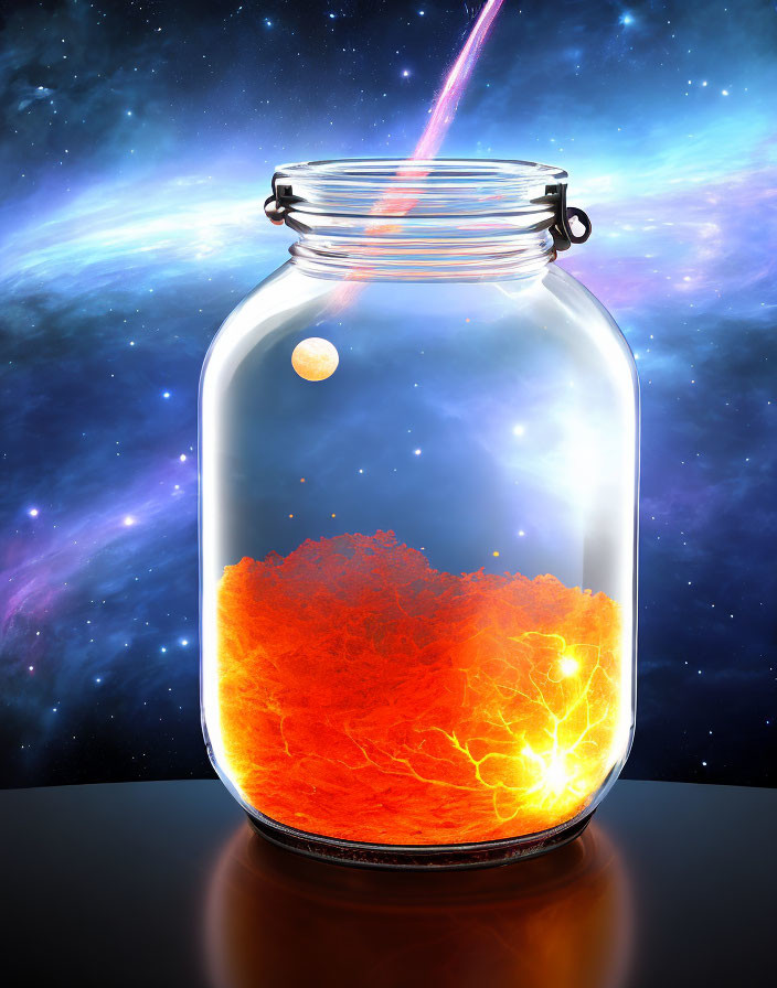 Digital Artwork: Glass Jar with Orange Nebula in Cosmic Setting