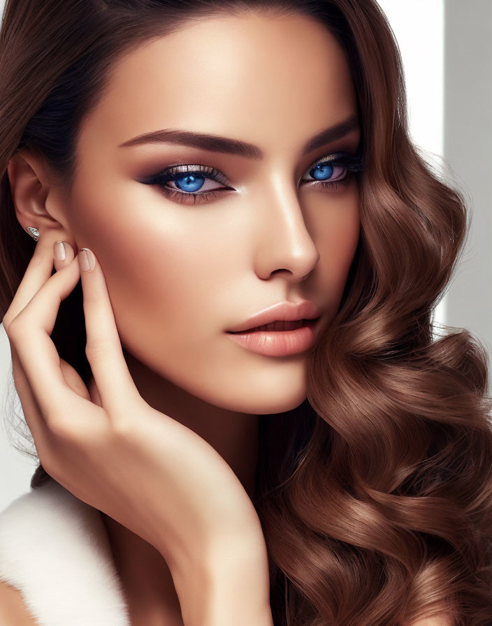 Portrait of a woman with blue eyes, flawless skin, and wavy brunette hair.