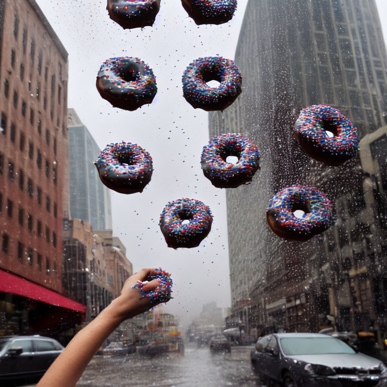 Arm catching a sprinkled donut on city street with rain and buildings