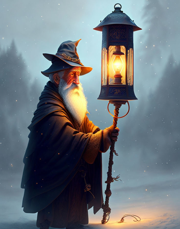 White-bearded wizard with lantern under starry night sky and falling snowflakes