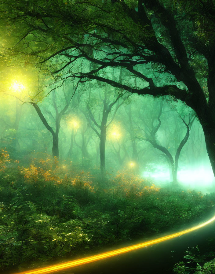 Enchanting forest scene with sunbeams on winding road