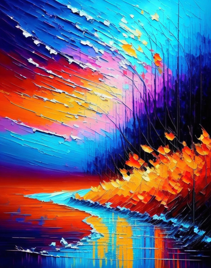 Colorful Abstract Painting with Blue, Orange, and Purple Streaks