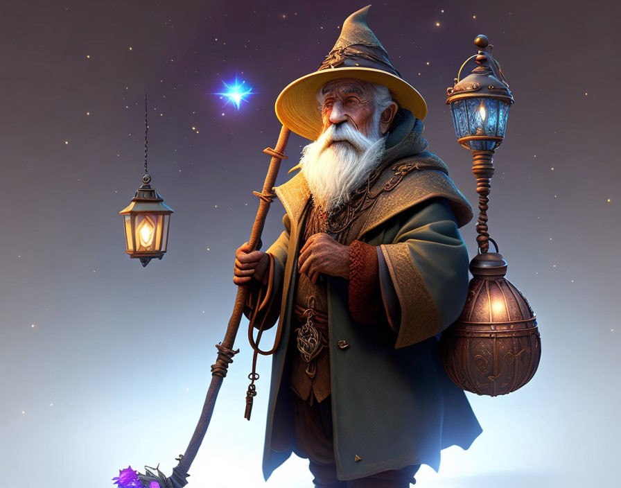 Elderly wizard with staff, lantern, and crystal ball in blue robe under twilight sky