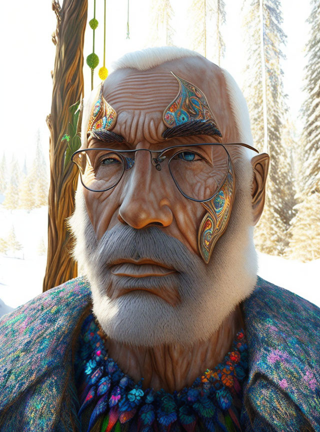 Elderly man with tattoos and glasses in winter landscape with tree and dreamcatcher