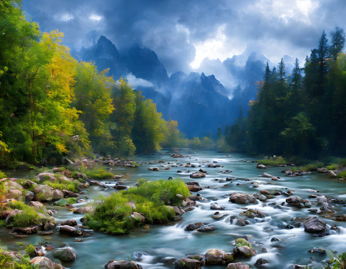 Tranquil river in autumn forest under dramatic sky