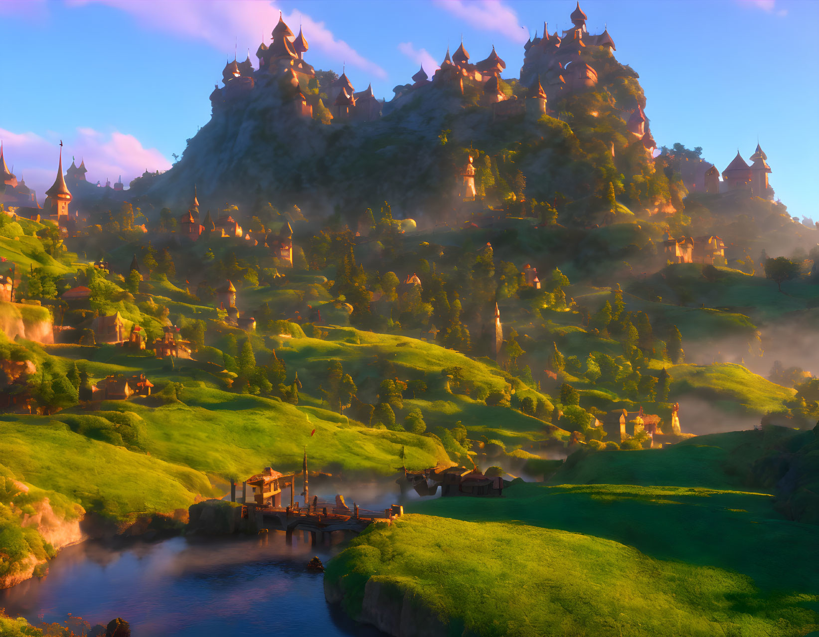 Tranquil fantasy landscape with castle-topped village, green hills, misty forests, and calm