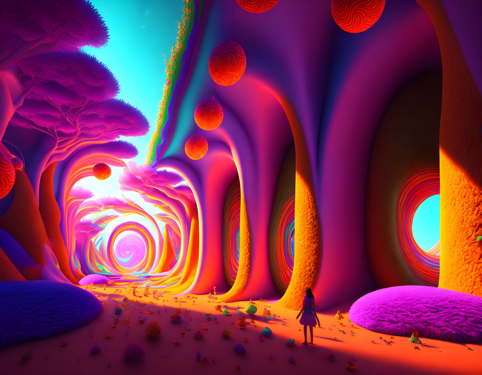 Vibrant surreal landscape with swirling patterns and alien trees