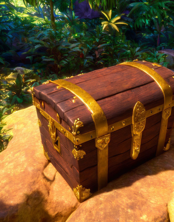 Wooden treasure chest with golden details in lush forest setting