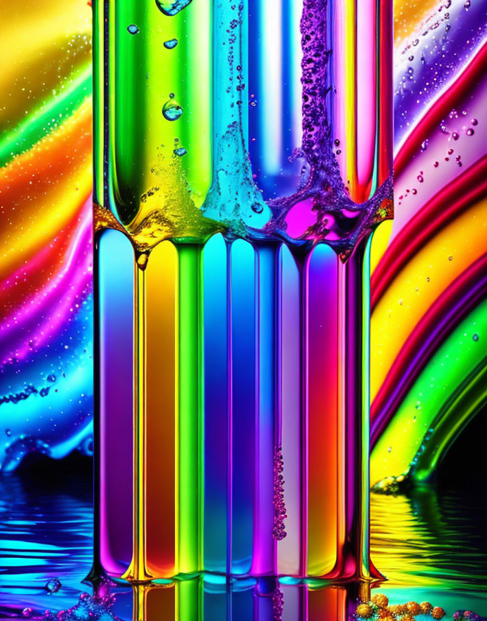 Colorful liquid columns with bubbles on rainbow gradient background