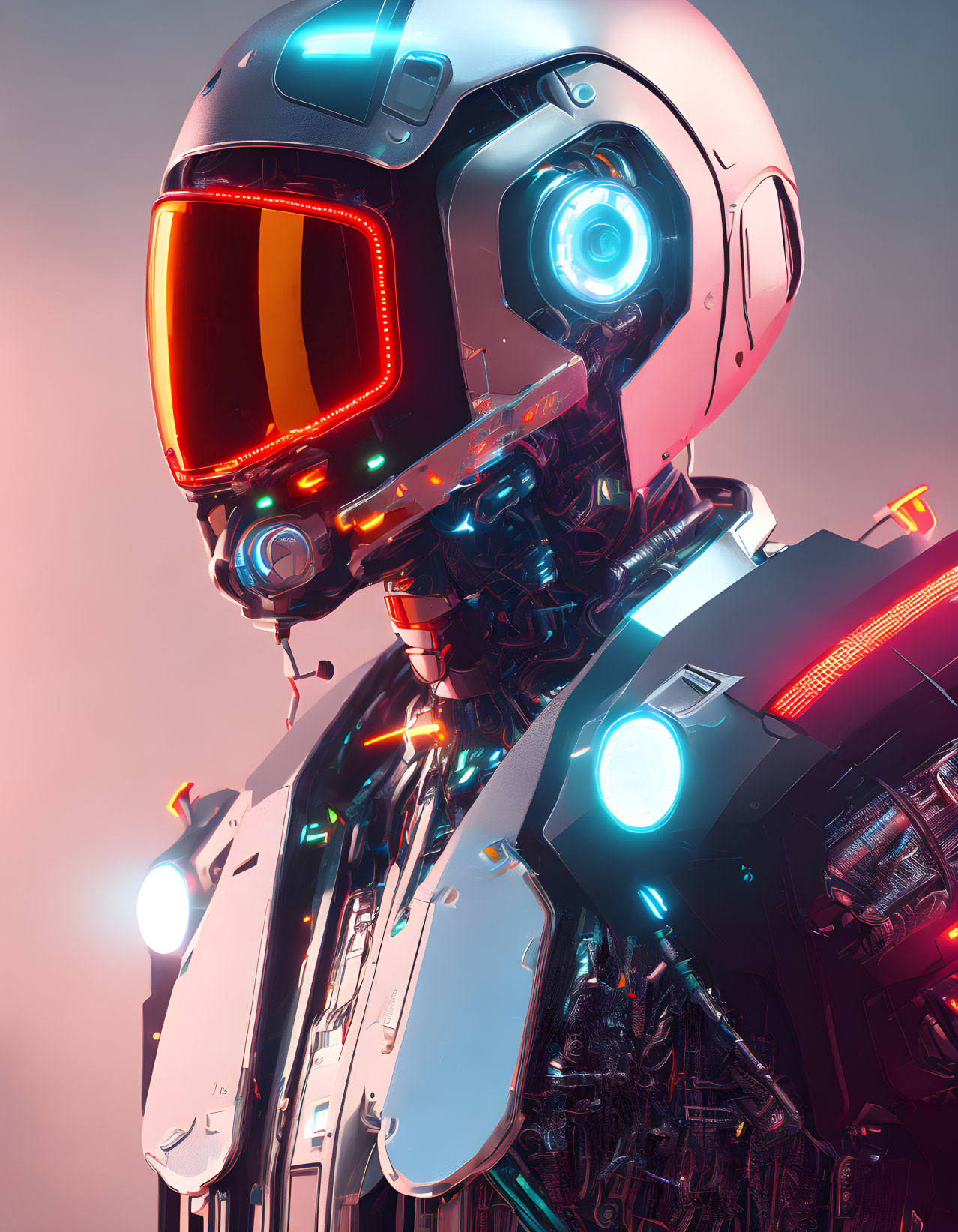 Futuristic robot with white helmet and glowing blue eye on pink backdrop