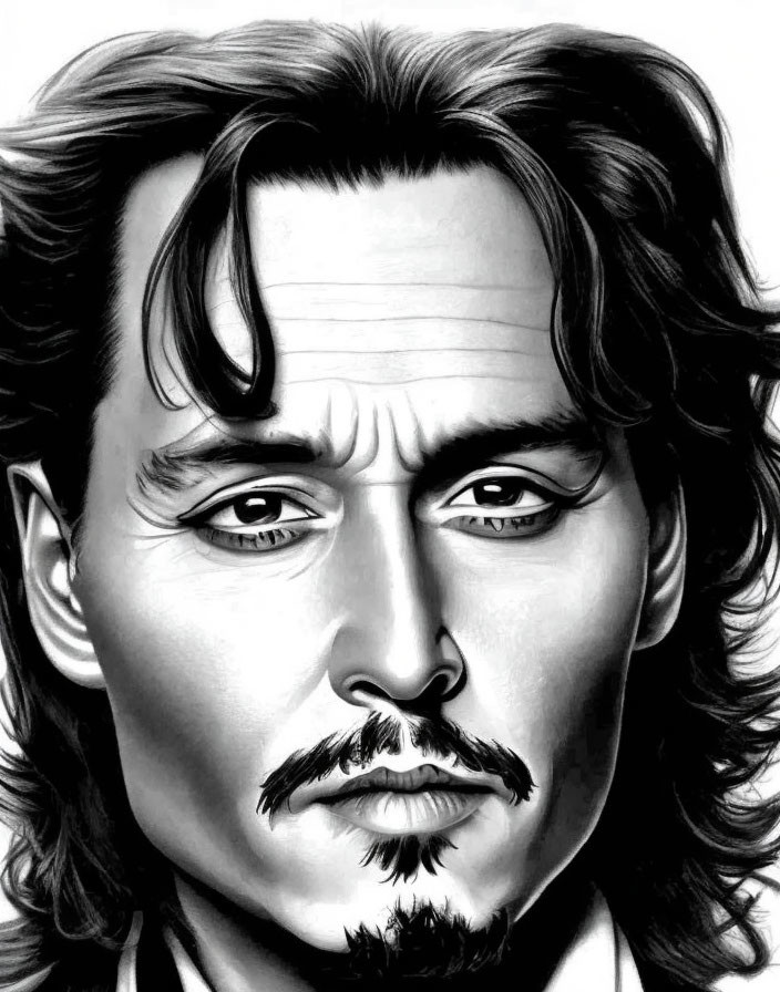 Monochrome illustration of man with tousled hair and intense gaze