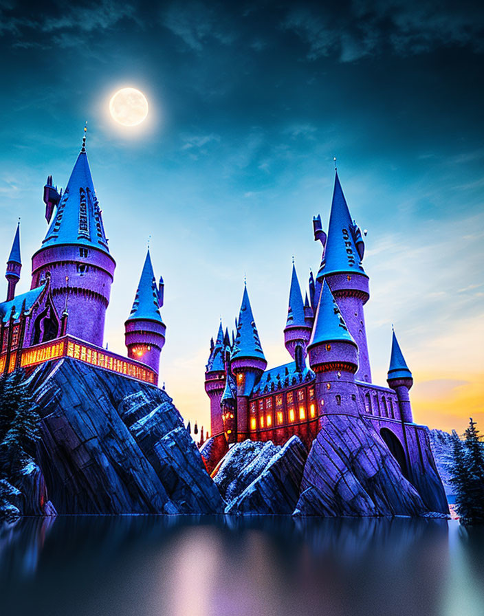 Majestic castle with illuminated windows at twilight with full moon and reflection in water