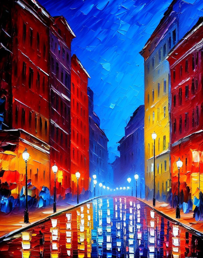 Impressionistic painting of rainy city street at night