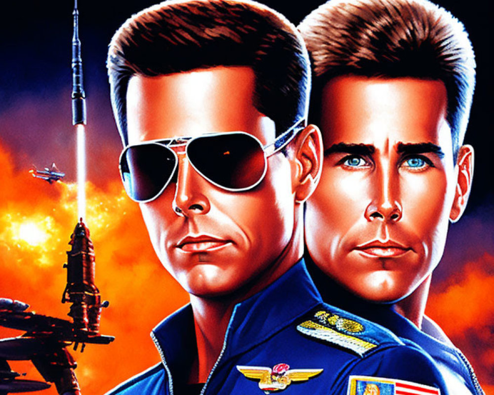 Stylized male characters in aviator sunglasses and flight suits with spacecraft launch.