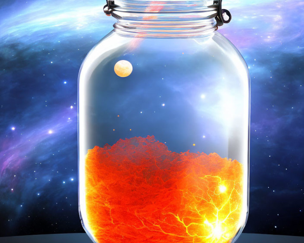 Digital Artwork: Glass Jar with Orange Nebula in Cosmic Setting