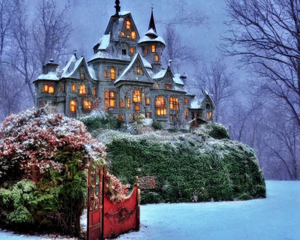 Victorian mansion in snowy twilight with red gate