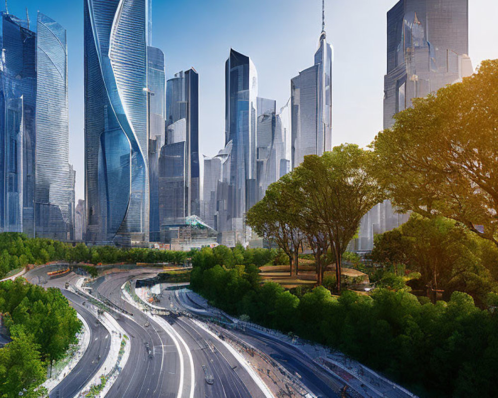 Modern cityscape with skyscrapers, highway, and greenery under blue sky