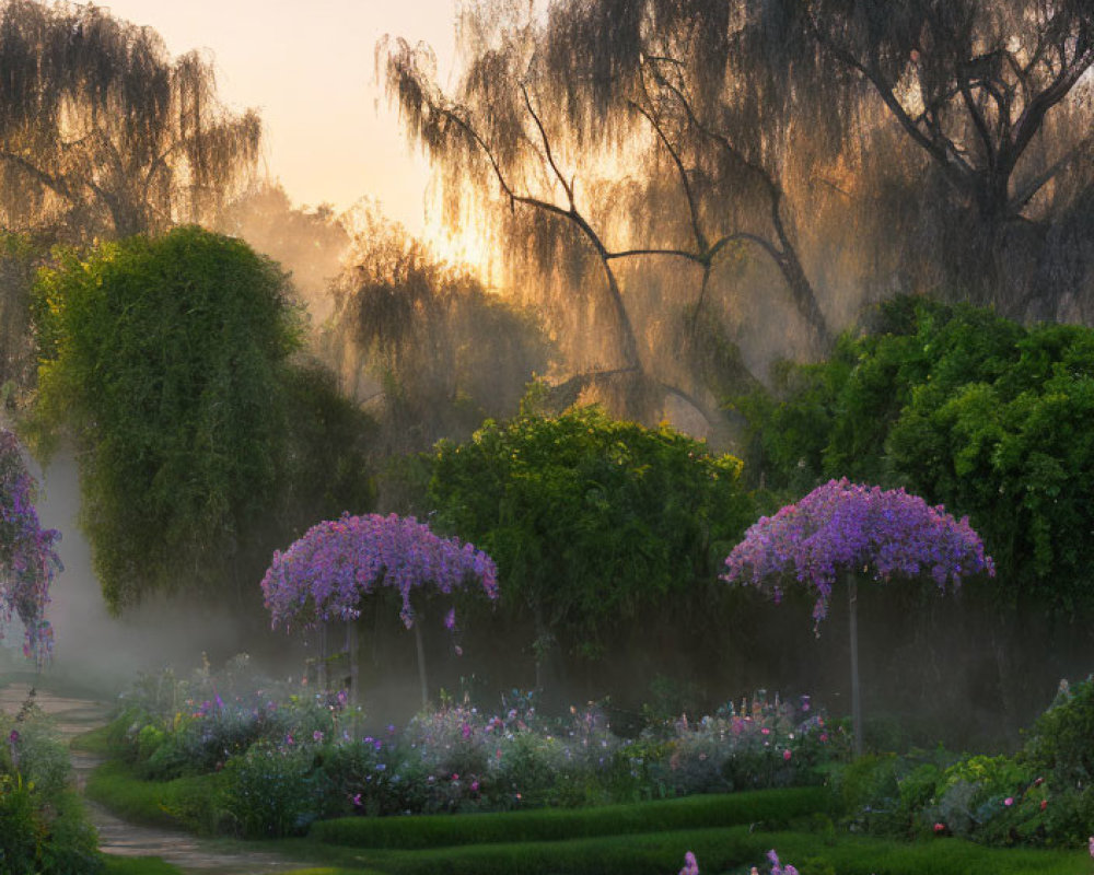 Tranquil Sunrise Garden with Purple Flowers and Willow Trees