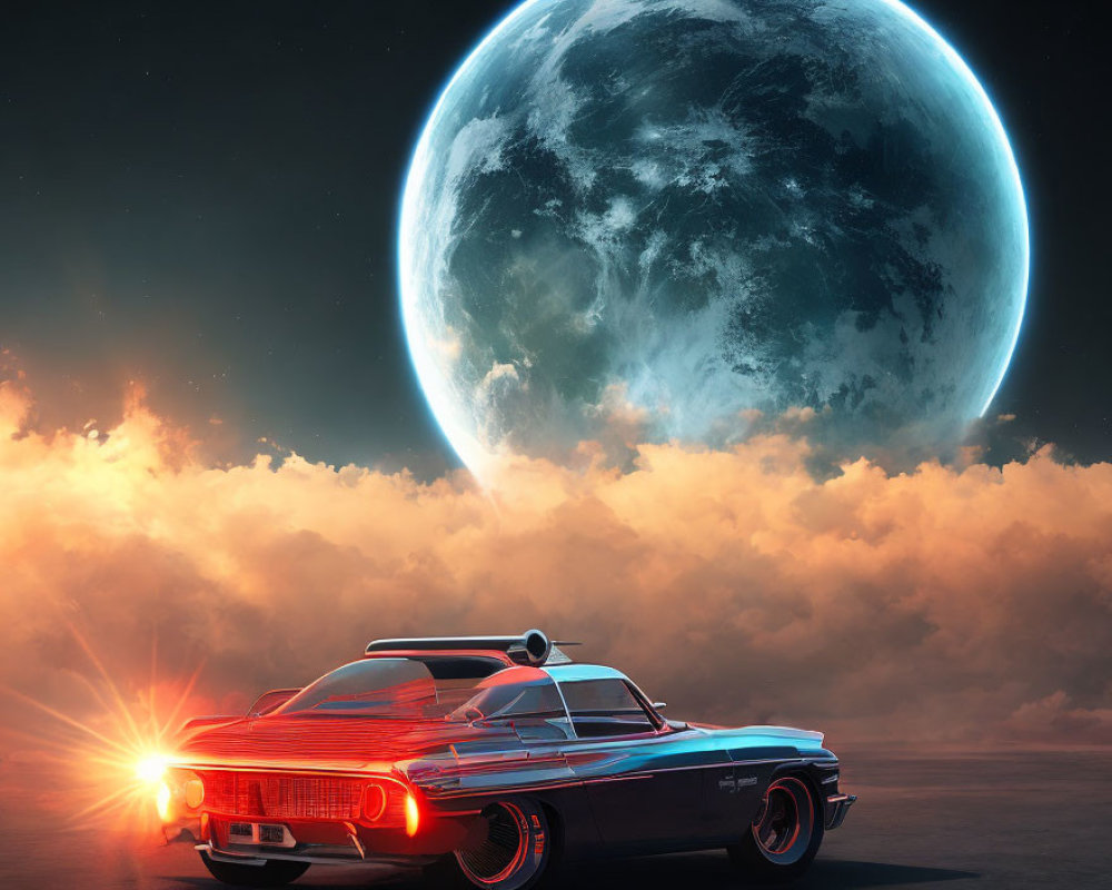 Vintage Car Parked Under Oversized Moon in Surreal Twilight Scene