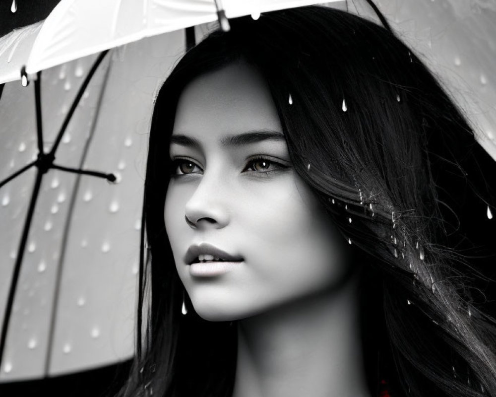 Monochrome portrait of woman with colored accents and umbrella in rain.