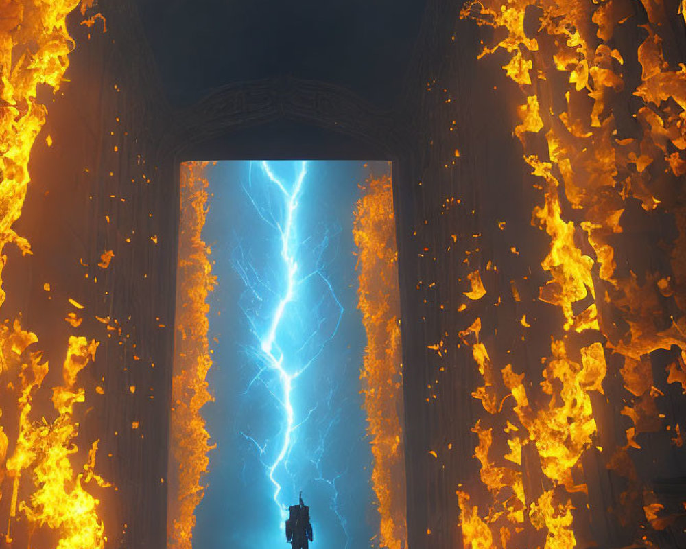 Mystical portal of lightning and flames in ancient archway