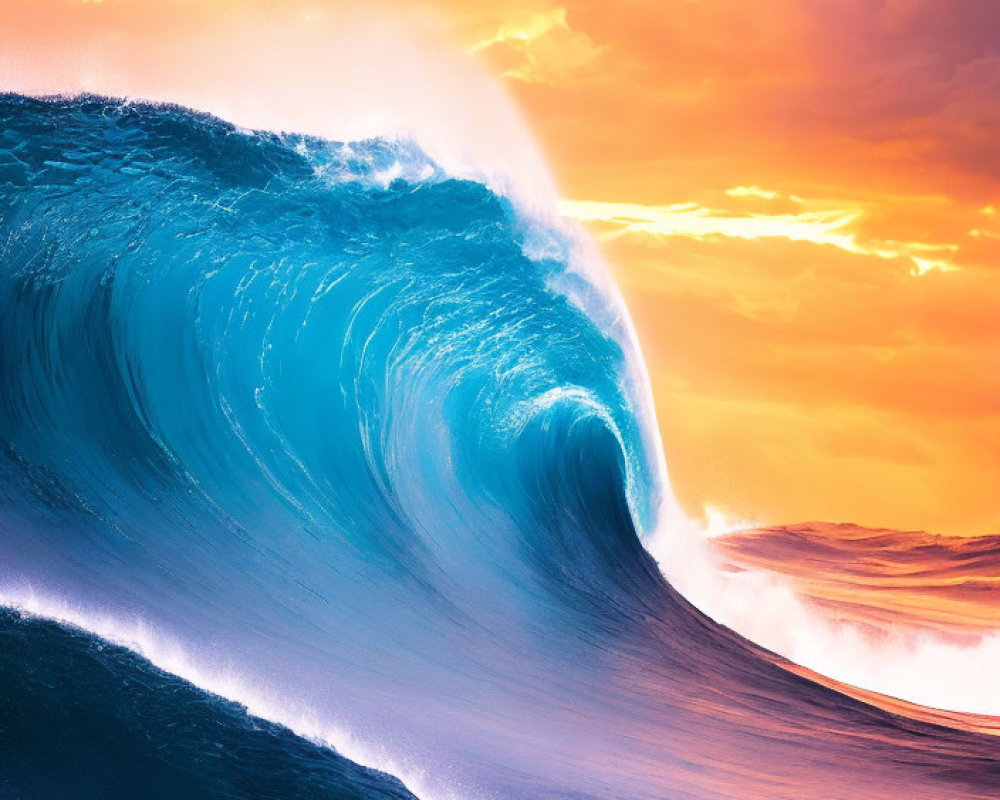 Majestic wave curling against vibrant sunset sky with hues of orange and blue