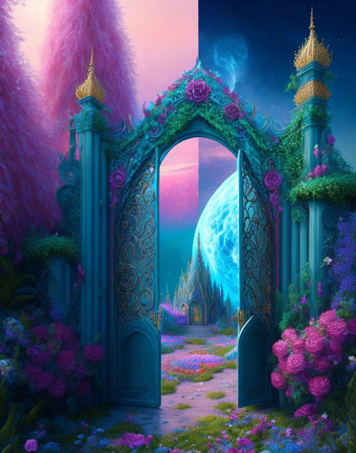 Ornate Blue Gate Reveals Magical Landscape